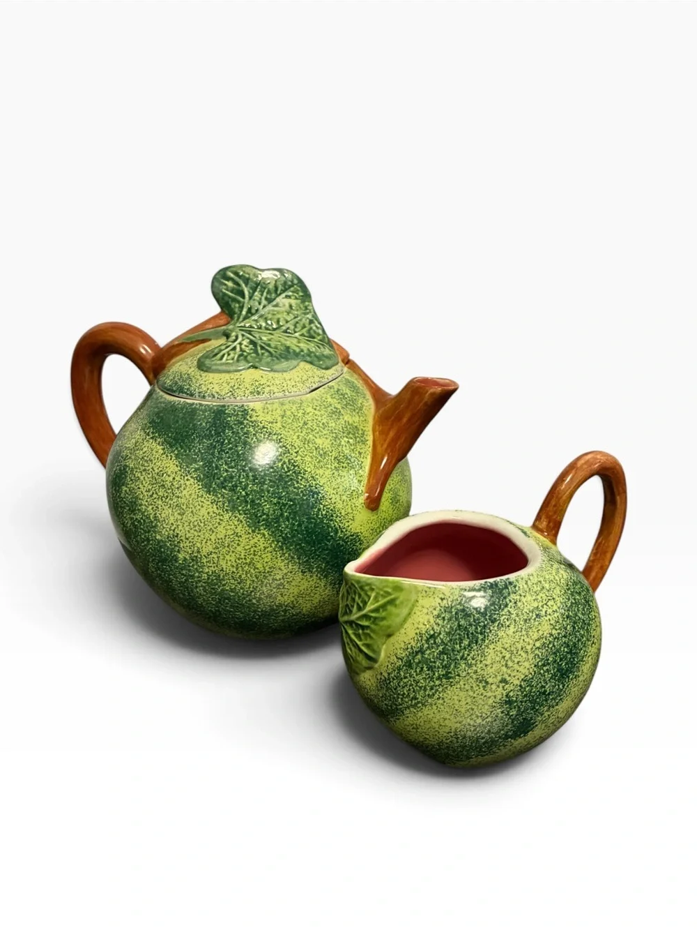 Pier 1 Imports Watermelon Ceramic Teapot and Creamer Set Handcrafted Fruit Decor